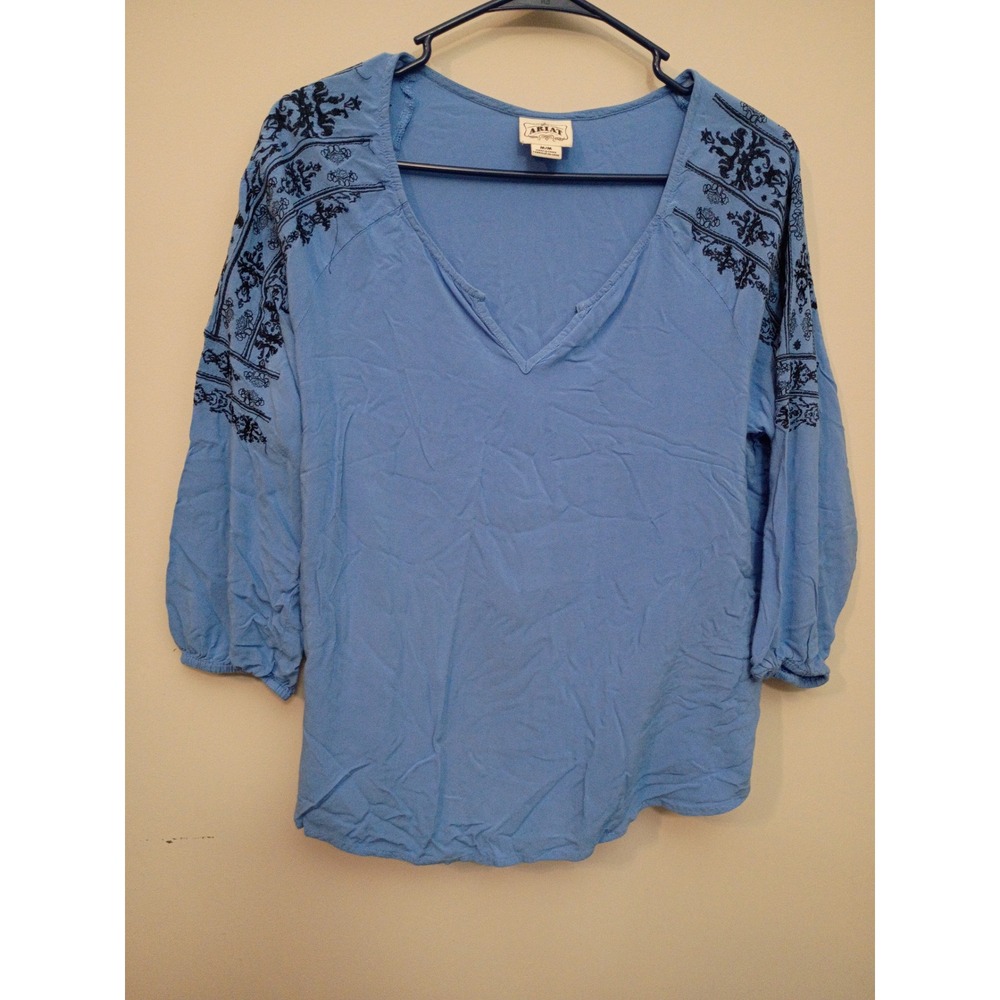 Ariat Womens Blue Embroidered V-Neck Boho Peasant Blouse 10014983 Size Medium